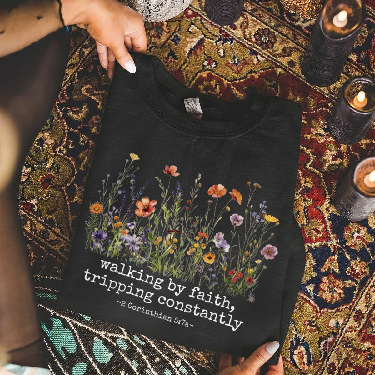 Walking by Faith Christian – Wildflower Inspirational Scripture Graphic – Unisex Tshirt / Hoodie / Sweatshirt