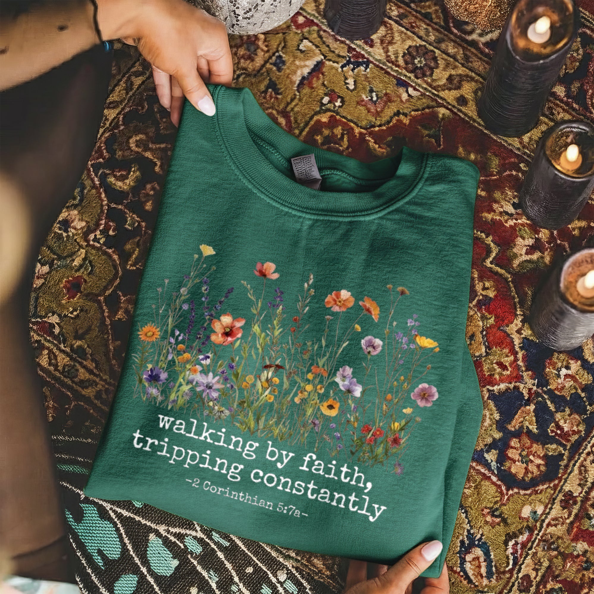 Walking by Faith Christian – Wildflower Inspirational Scripture Graphic – Unisex Tshirt / Hoodie / Sweatshirt