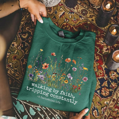 Walking by Faith Christian – Wildflower Inspirational Scripture Graphic – Unisex Tshirt / Hoodie / Sweatshirt