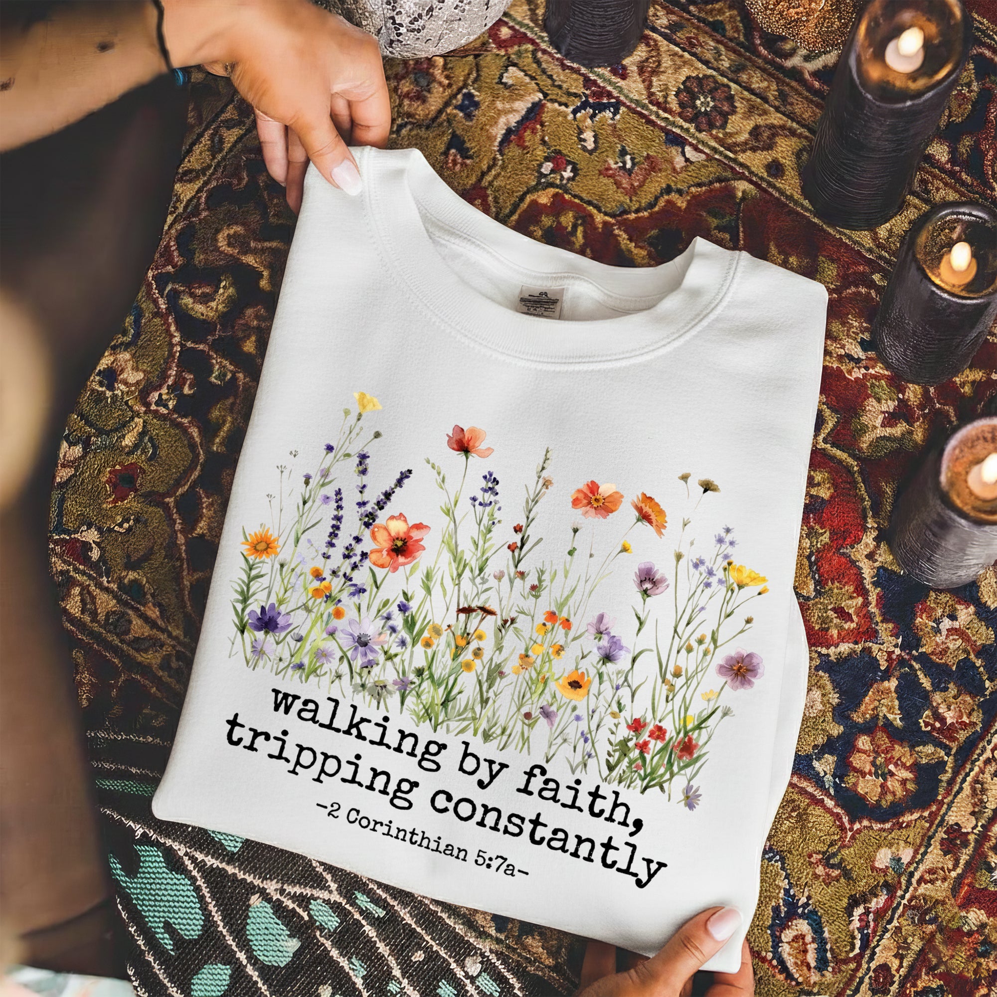 Walking by Faith Christian – Wildflower Inspirational Scripture Graphic – Unisex Tshirt / Hoodie / Sweatshirt
