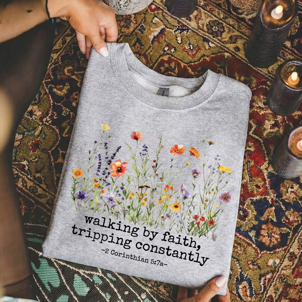 Walking by Faith Christian – Wildflower Inspirational Scripture Graphic – Unisex Tshirt / Hoodie / Sweatshirt