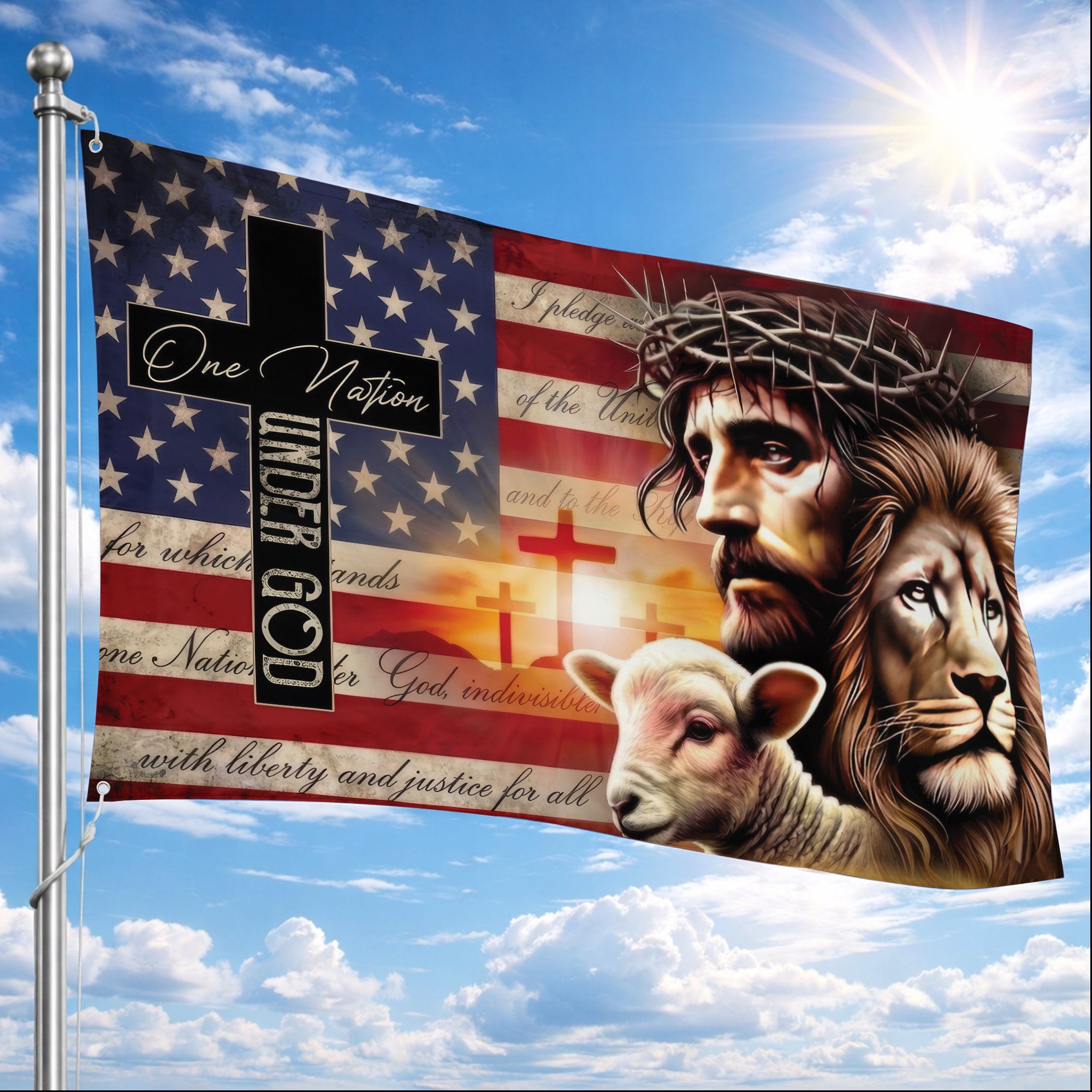 One Nation Under God Jesus Lion Lamb Christian Flag