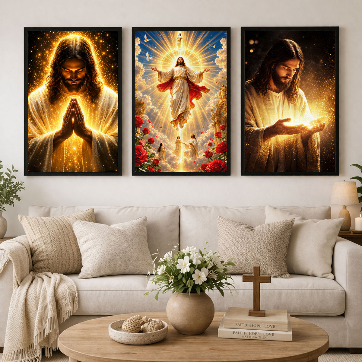 Divine Light of Jesus 3 Panel Wall Art Canvas/Poster – Glowing Jesus Christ Christian Home Decor