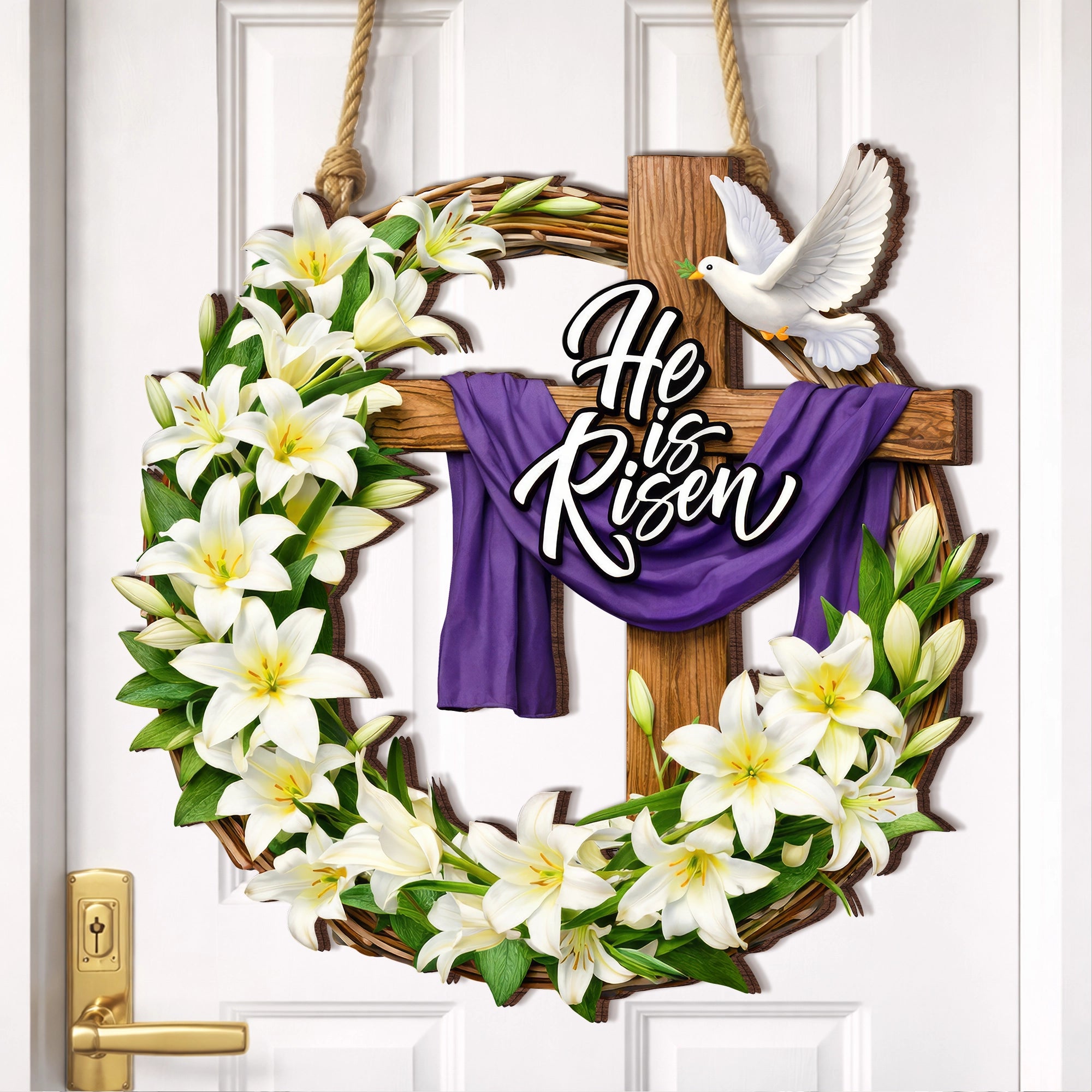He Is Risen Lily Cross Wreath Door Hanger