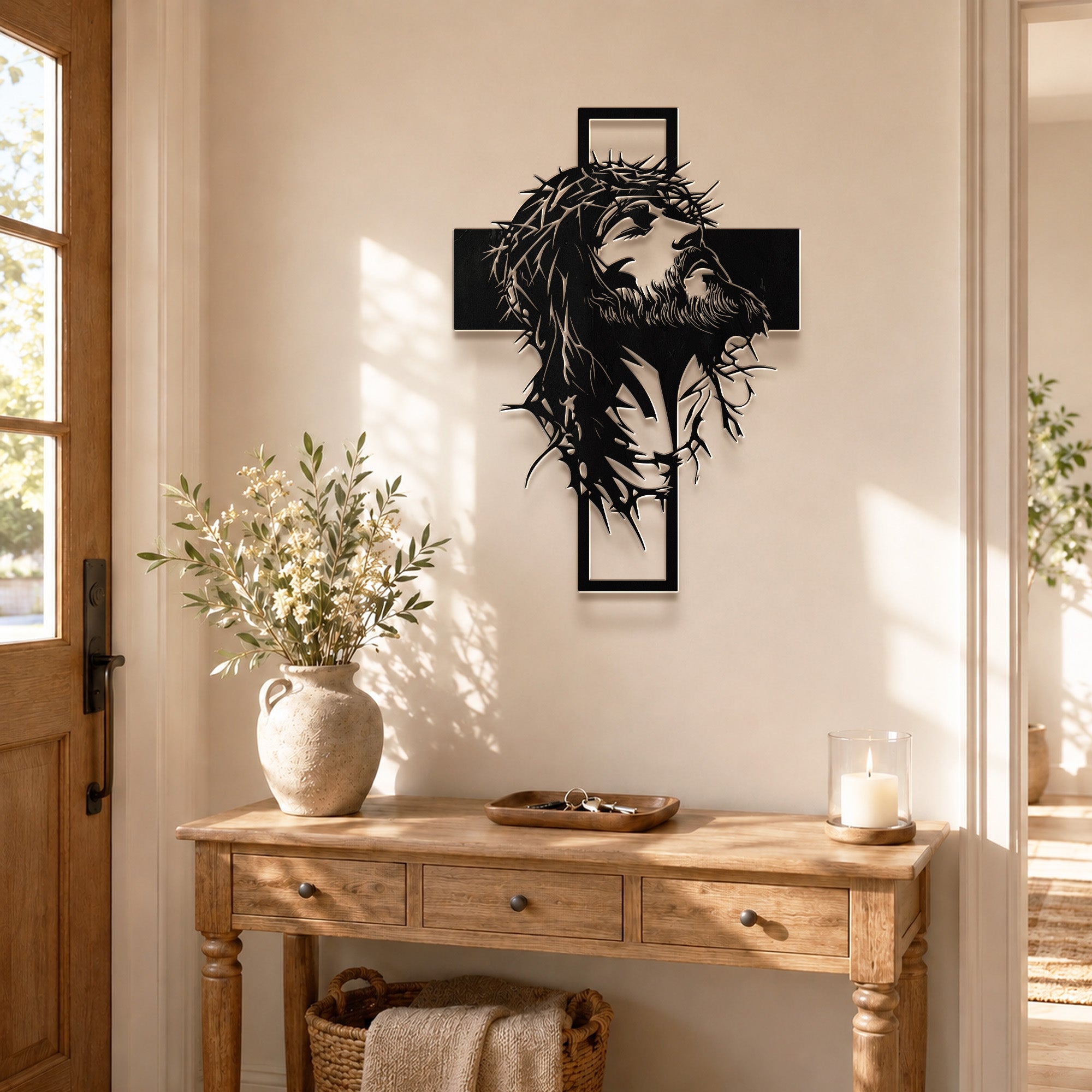 Jesus Crown of Thorns Cross Metal Wall Art for Christian Home Decor