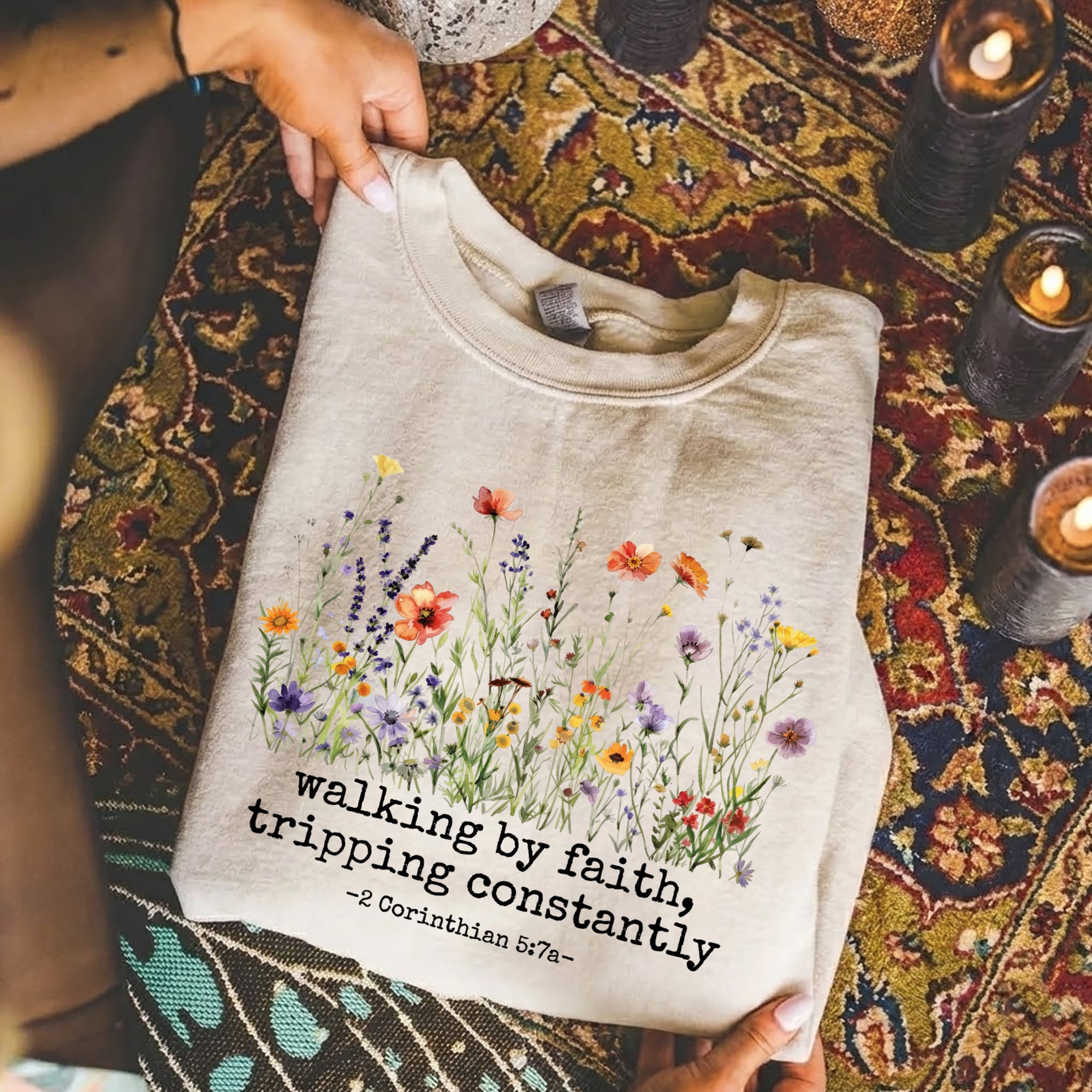 Walking by Faith Christian – Wildflower Inspirational Scripture Graphic – Unisex Tshirt / Hoodie / Sweatshirt