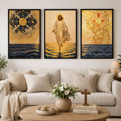Jesus Walking on Water 3 Panel Wall Art Canvas/Poster – Golden Mosaic Jesus Christ Christian Home Decor
