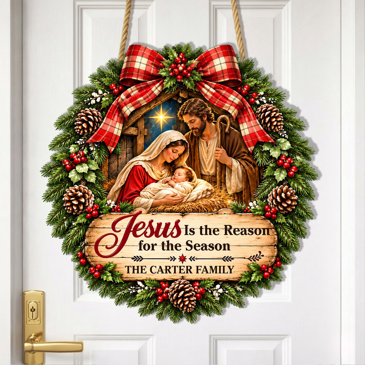 Personalized Jesus Is the Reason for the Season Christmas Wood Sign – Custom Family Name Nativity Hanging Decor