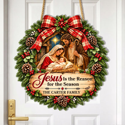 Personalized Jesus Is the Reason for the Season Christmas Wood Sign – Custom Family Name Nativity Hanging Decor