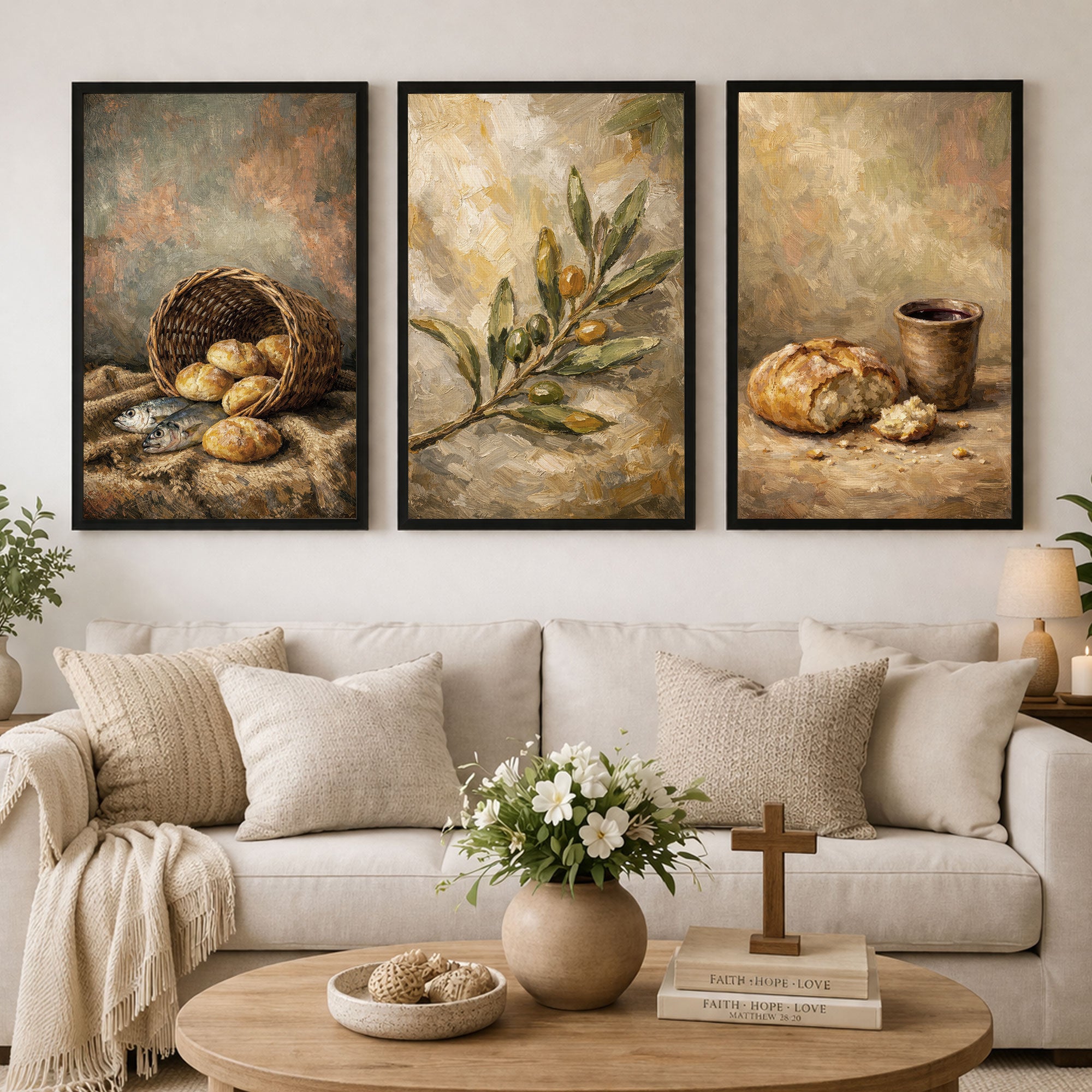 Biblical Bread and Fish Still Life Wall Art Set – Olive Branch Faith Collection - Poster/Canvas