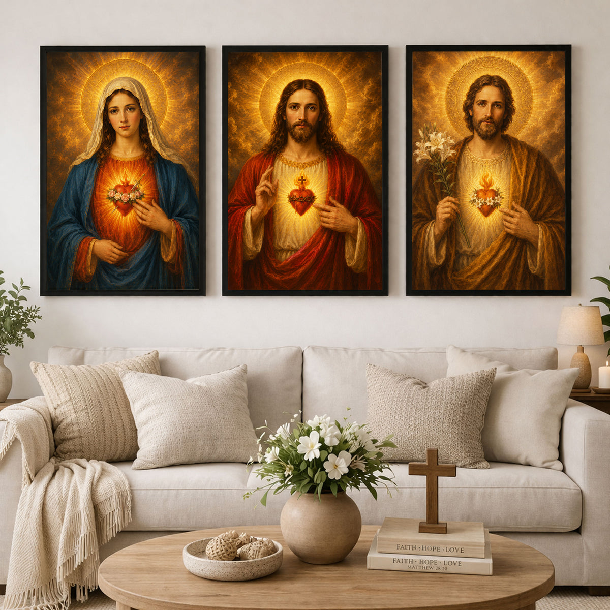 Holy Family Sacred Hearts 3 Panel Wall Art Canvas/Poster – Jesus, Virgin Mary & St. Joseph Catholic Christian Decor