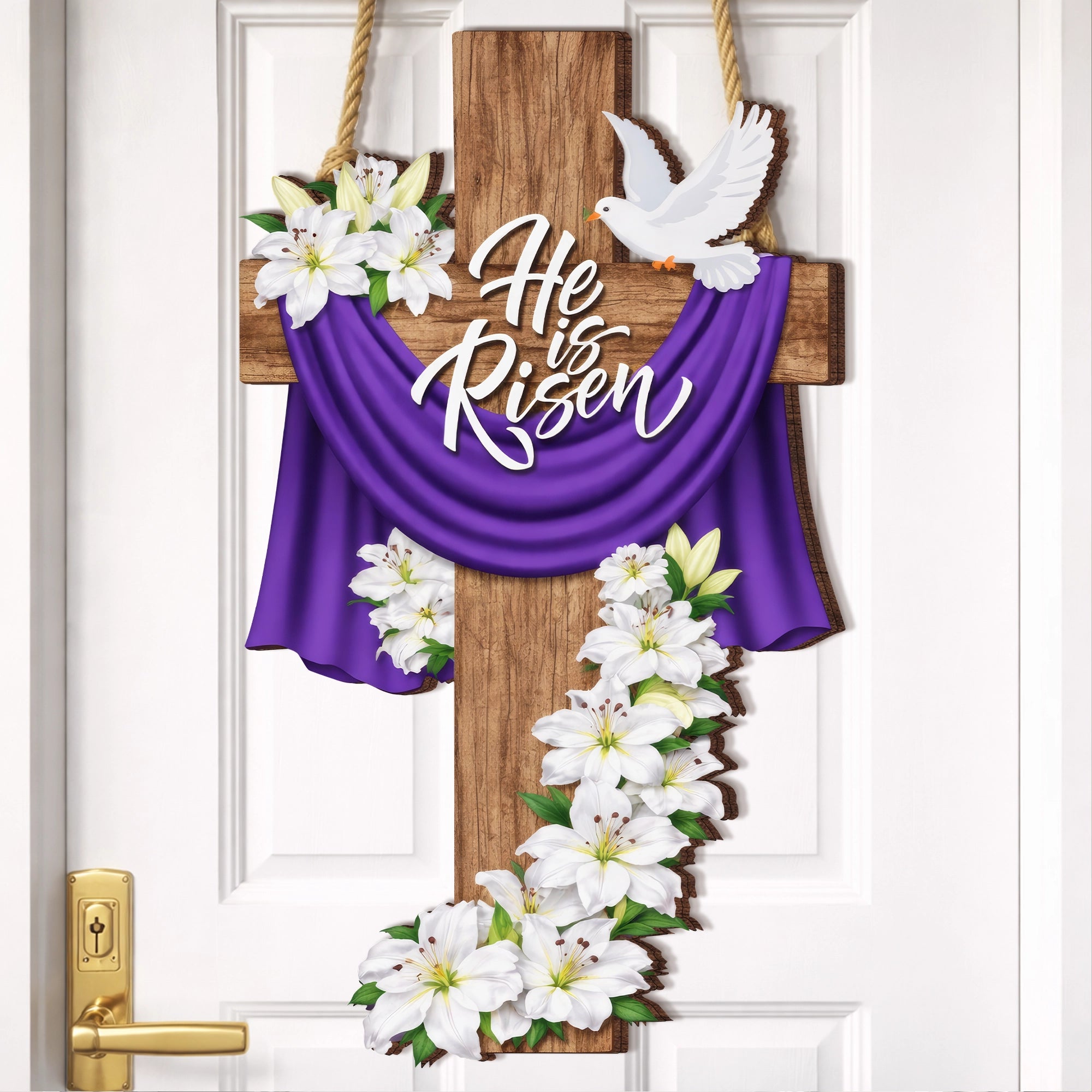 He Is Risen Wooden Cross Lily Door Hanger