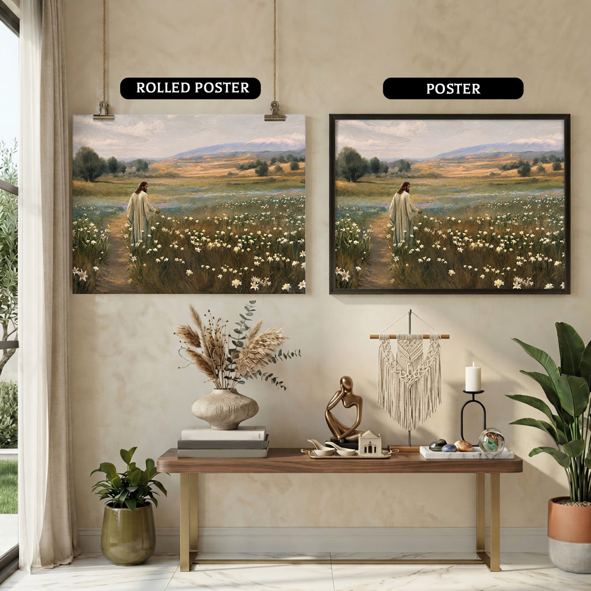 Jesus Walking Through The Lilies Christian Wall Art Poster/Canvas