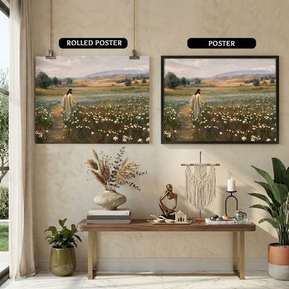 Jesus Walking Through The Lilies Christian Wall Art Poster/Canvas