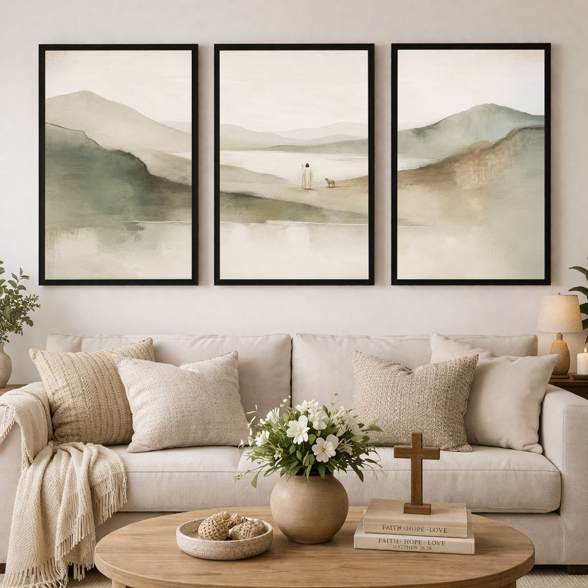 Peaceful Shepherd 3 Panel Wall Art Canvas/Poster – Minimal Jesus And Lamb Christian Decor