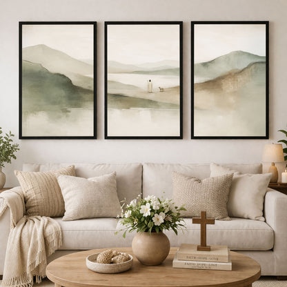 Peaceful Shepherd 3 Panel Wall Art Canvas/Poster – Minimal Jesus And Lamb Christian Decor