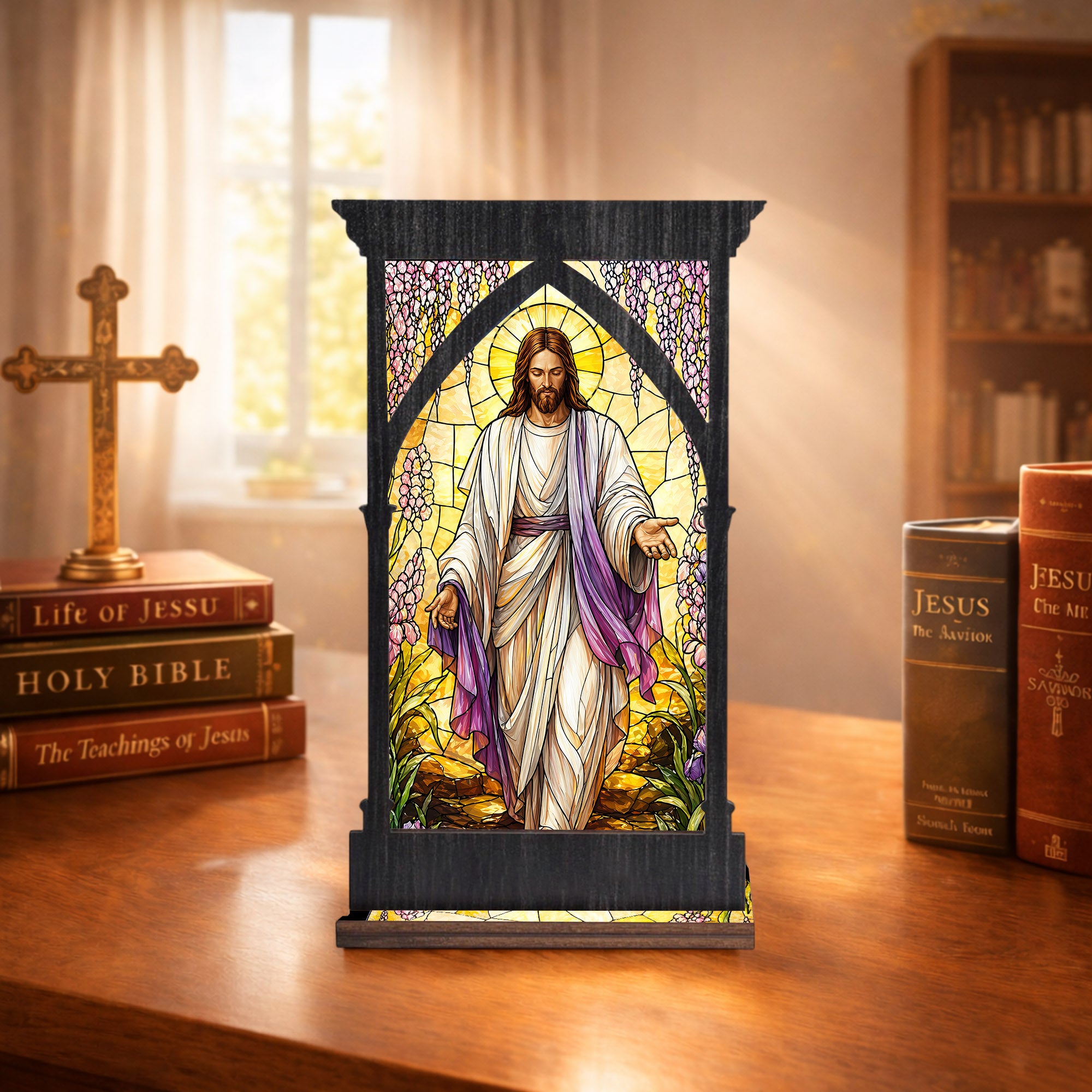 Stained Glass Jesus Suncatcher Candle Holder - Perfect for Prayer Corner, Gift, or Home Decor
