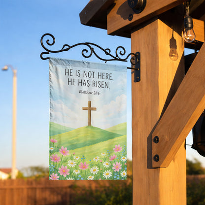 "He is Risen" Easter Cross Garden Flag – Matthew 28:6 Design