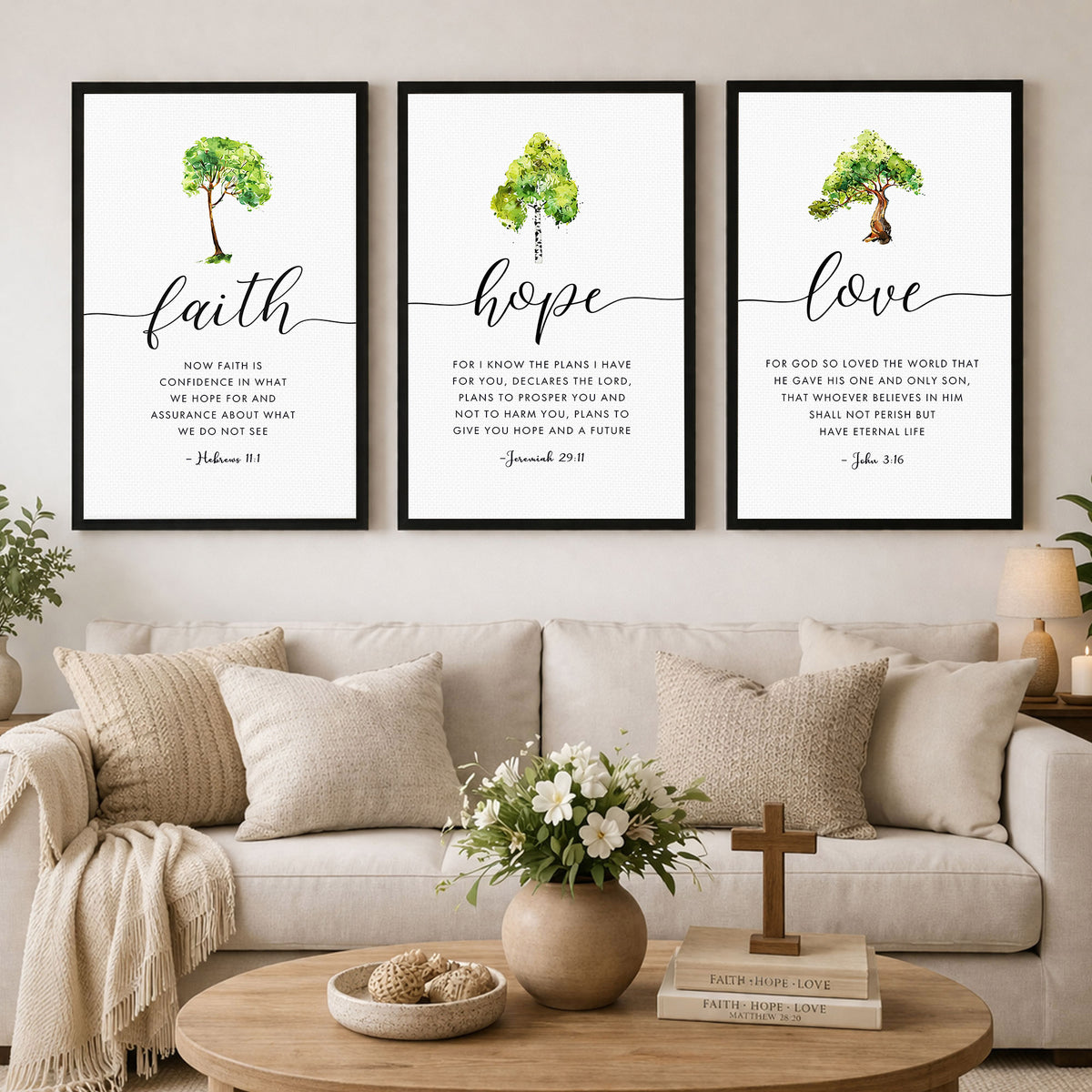 Faith Hope Love Scripture Botanical Christian Wall Art Poster/Canvas Set