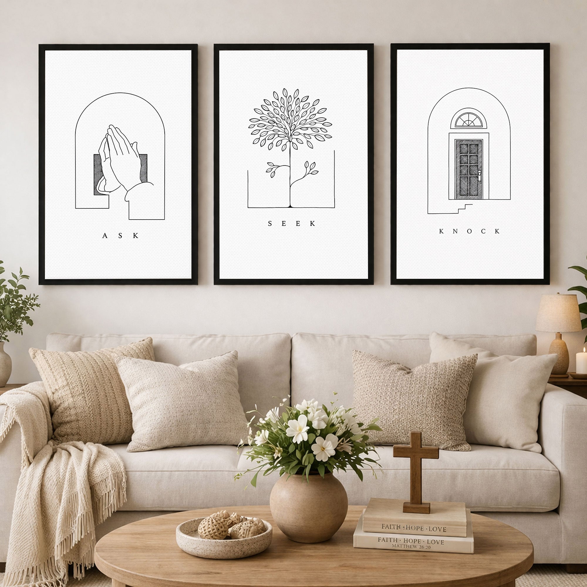 Ask Seek Knock Minimal Line Christian Art Poster/Canvas Set