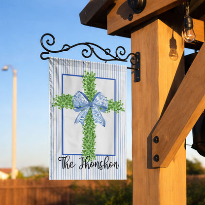 Personalized Cross with Blue Ribbon and Stripes Flag