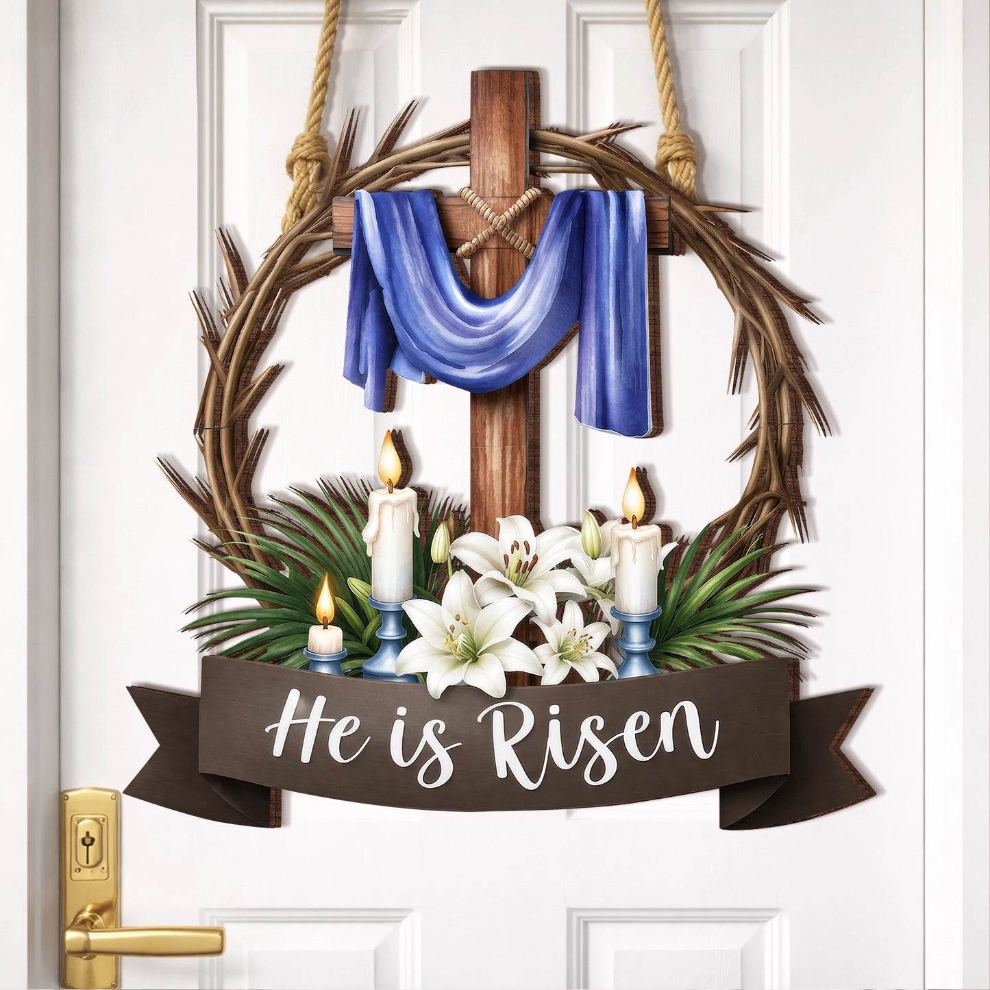 He Is Risen Crown of Thorns Cross Door Hanger