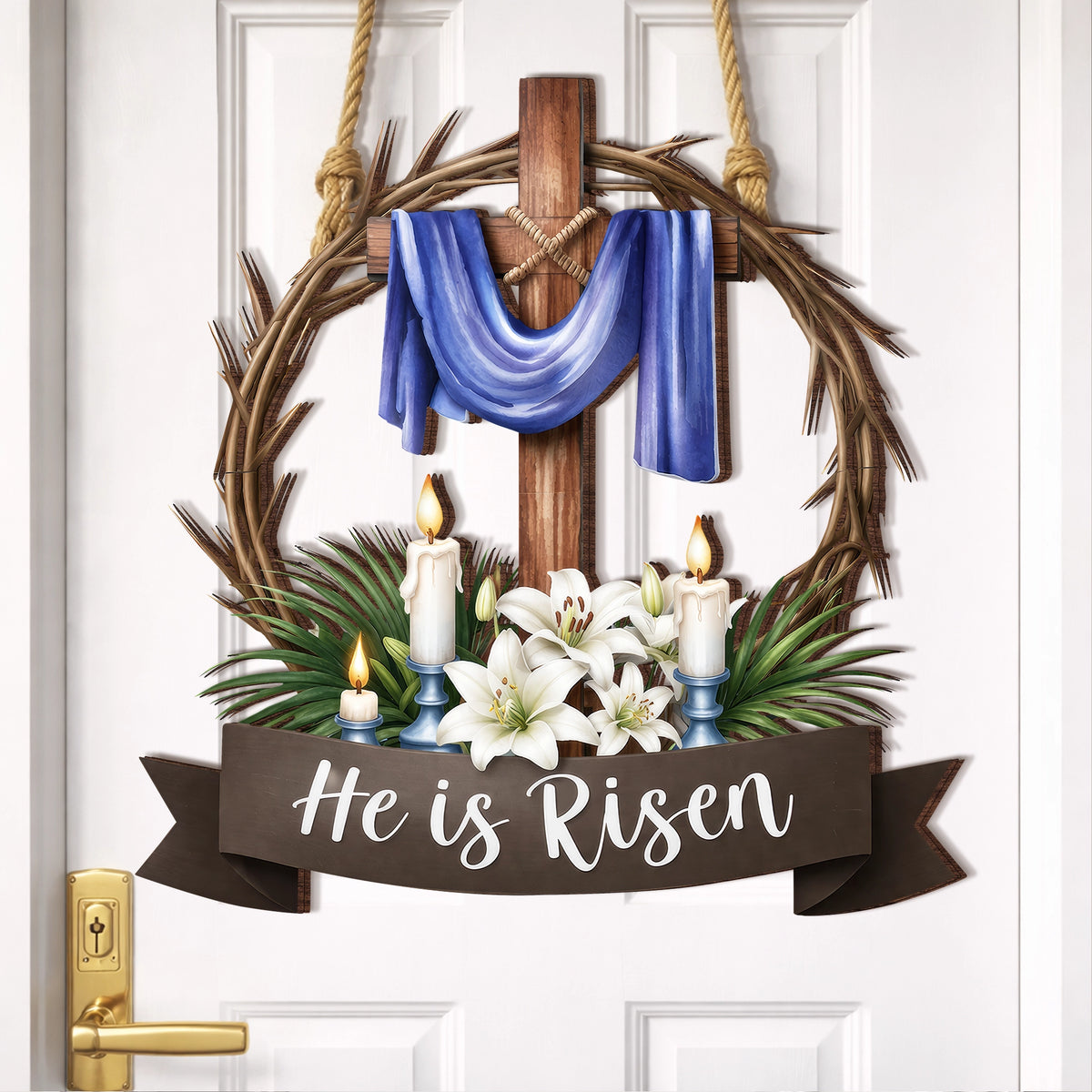 He Is Risen Crown of Thorns Cross Door Hanger