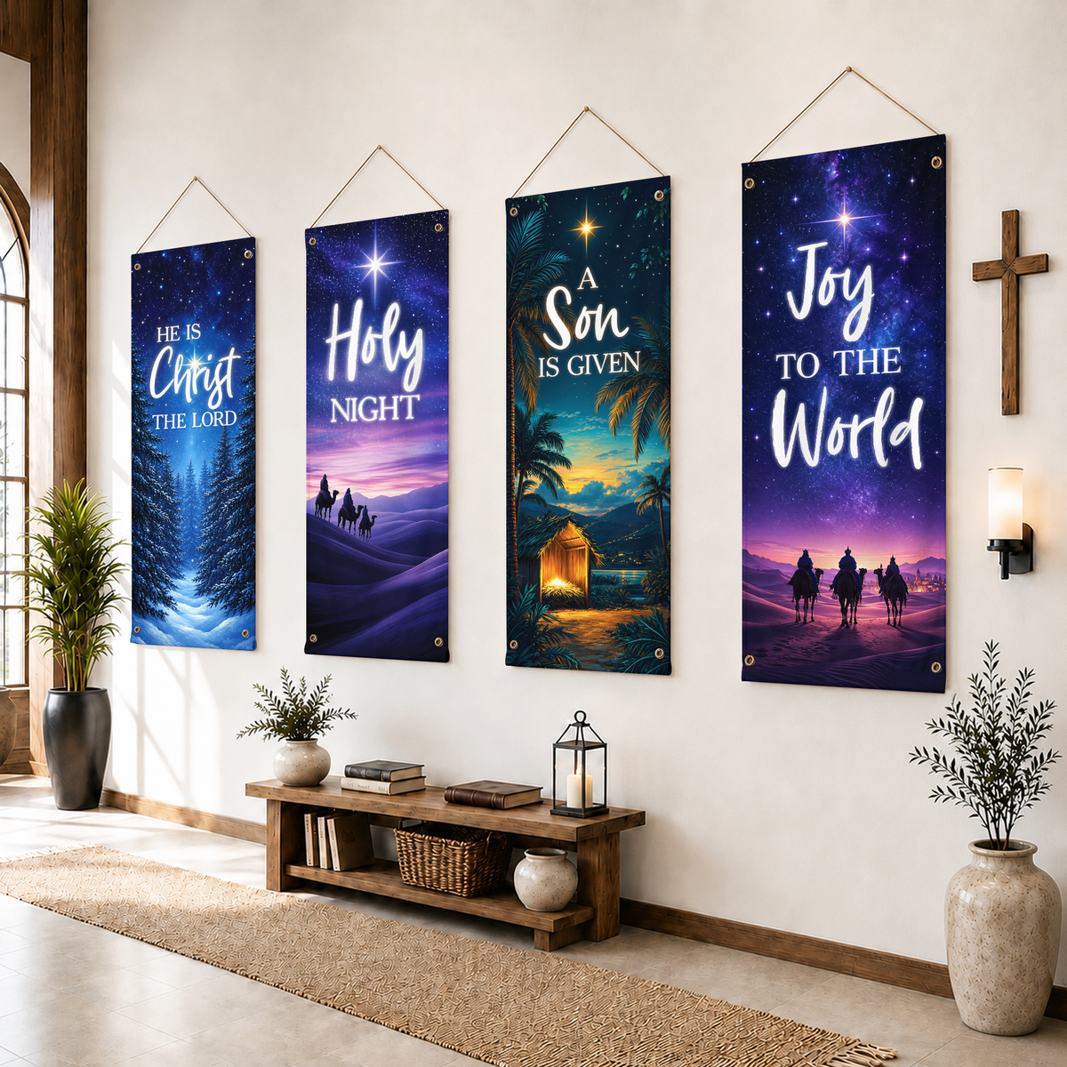 Holy Night & Joy to the World Christmas Banner Set – Christian Nativity Hanging Decor