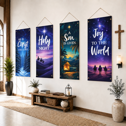 Holy Night & Joy to the World Christmas Banner Set – Christian Nativity Hanging Decor