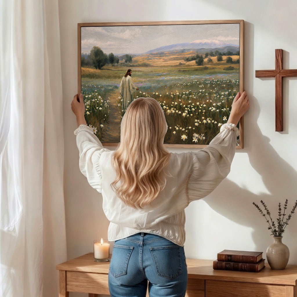 Jesus Walking Through The Lilies Christian Wall Art Poster/Canvas