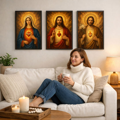 Holy Family Sacred Hearts 3 Panel Wall Art Canvas/Poster – Jesus, Virgin Mary & St. Joseph Catholic Christian Decor