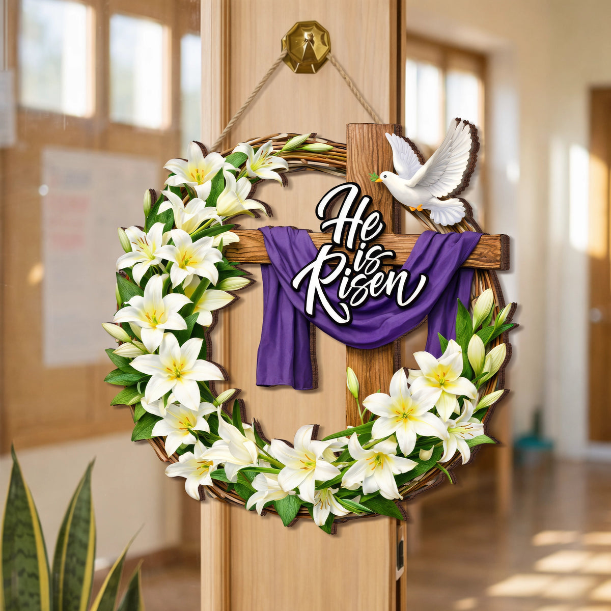 He Is Risen Lily Cross Wreath Door Hanger