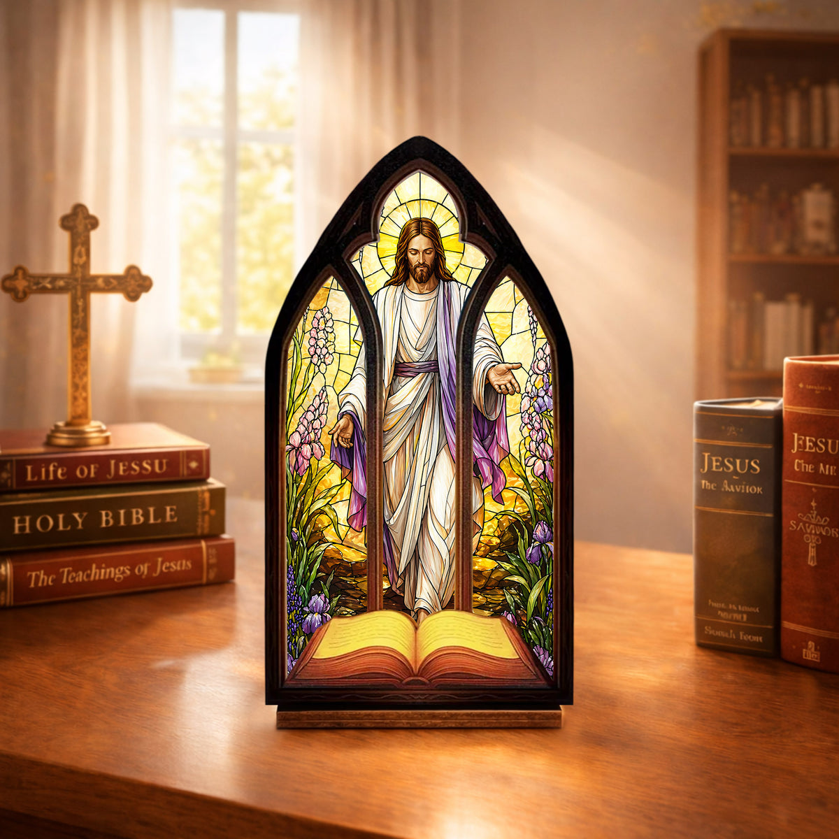 Stained Glass Jesus Suncatcher Candle Holder - Perfect for Prayer Corner, Gift, or Home Decor