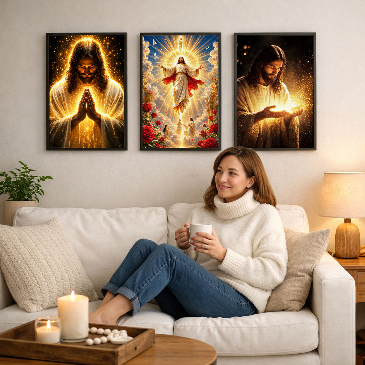 Divine Light of Jesus 3 Panel Wall Art Canvas/Poster – Glowing Jesus Christ Christian Home Decor
