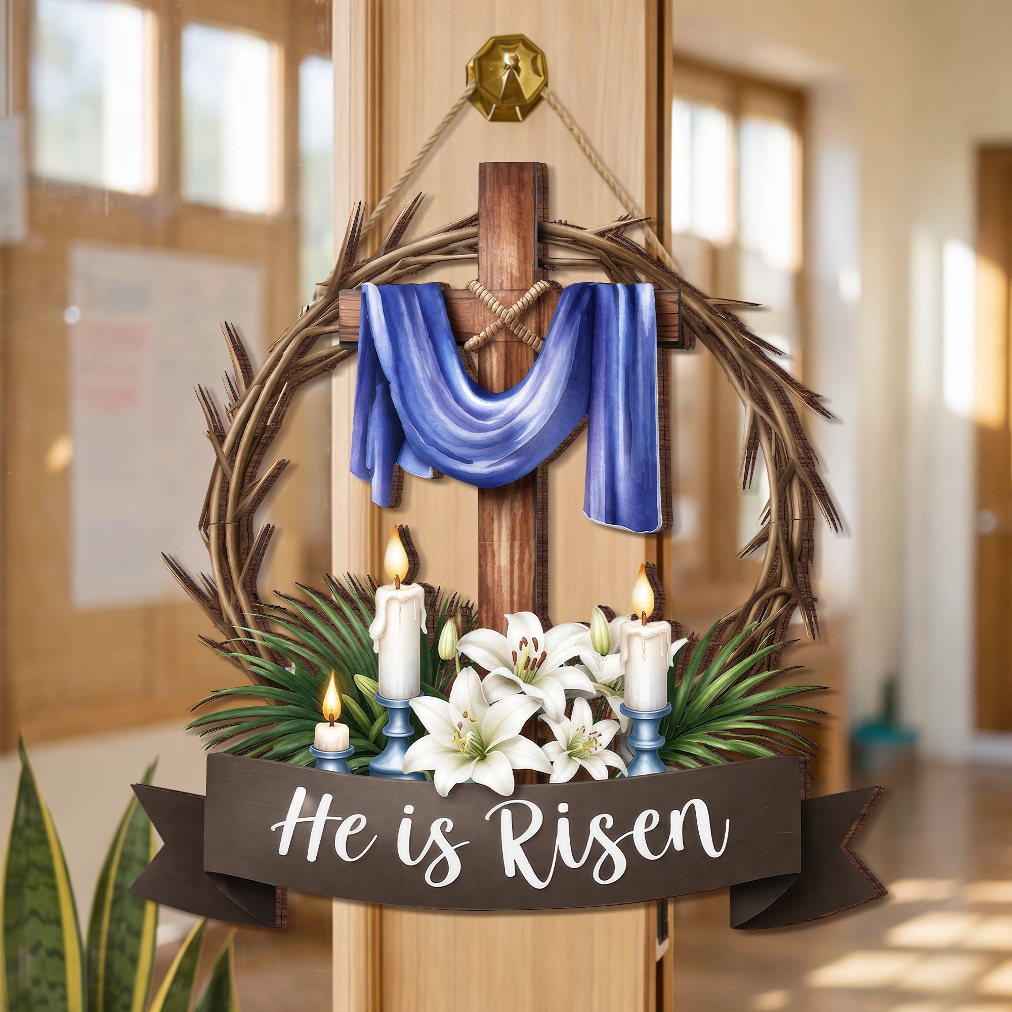 He Is Risen Crown of Thorns Cross Door Hanger