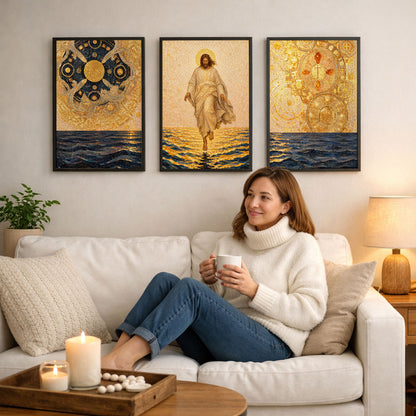 Jesus Walking on Water 3 Panel Wall Art Canvas/Poster – Golden Mosaic Jesus Christ Christian Home Decor