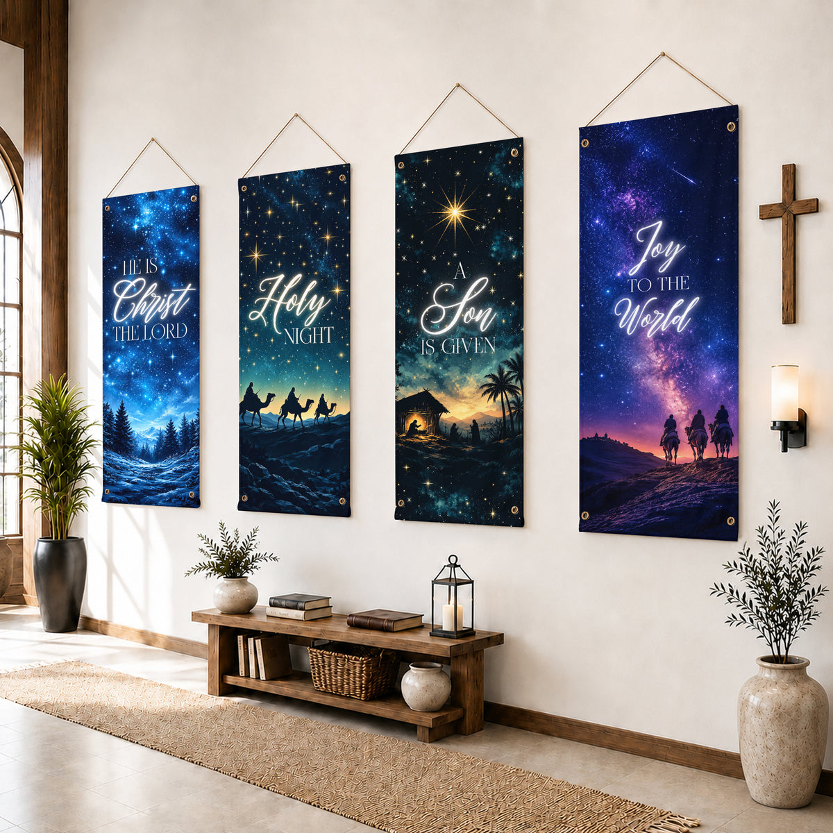 Starry Night Nativity Christmas Banner Set – Christian Holiday Hanging Decor