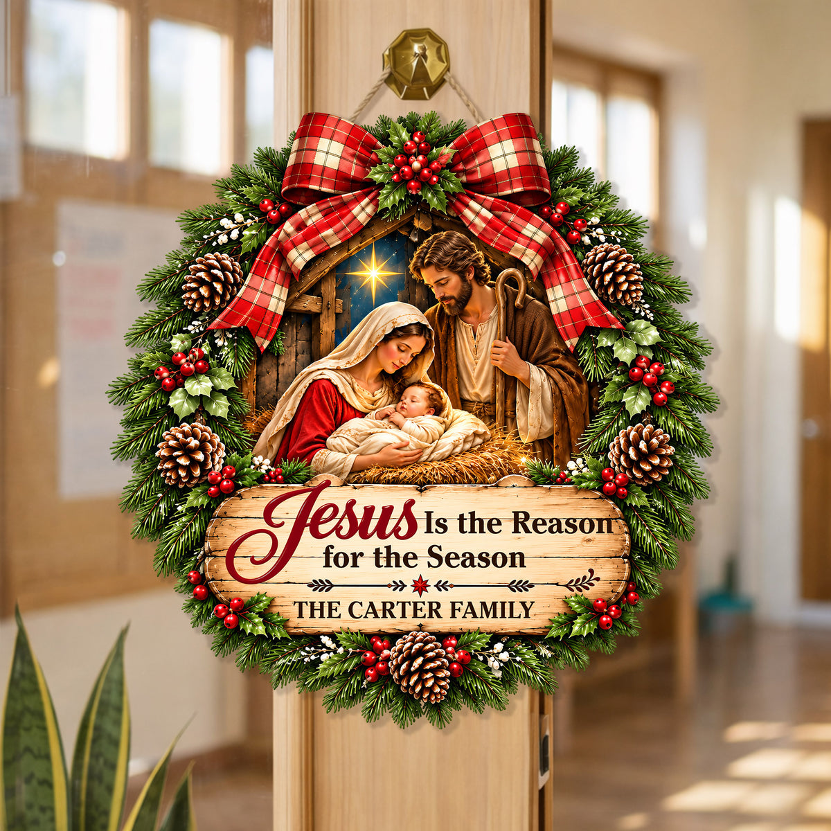 Personalized Jesus Is the Reason for the Season Christmas Wood Sign – Custom Family Name Nativity Hanging Decor
