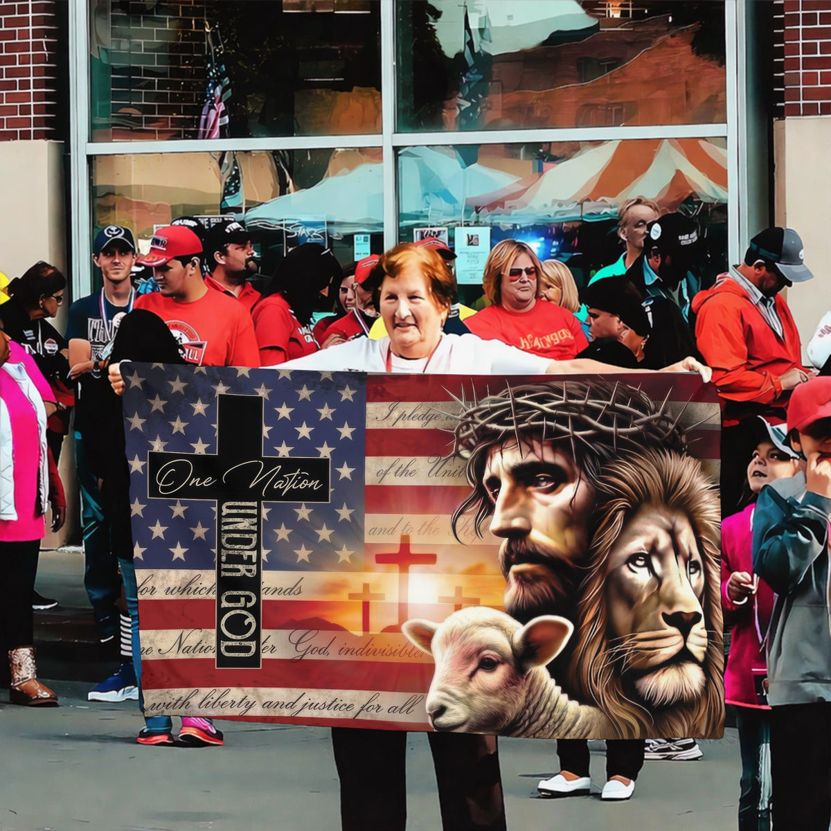 One Nation Under God Jesus Lion Lamb Christian Flag