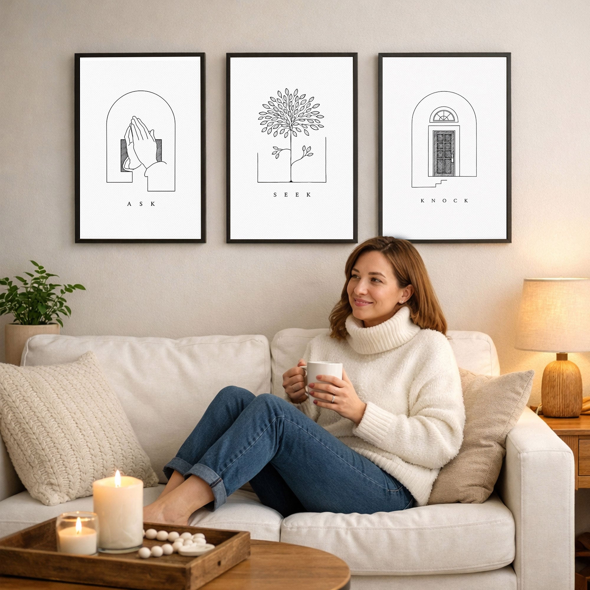 Ask Seek Knock Minimal Line Christian Art Poster/Canvas Set