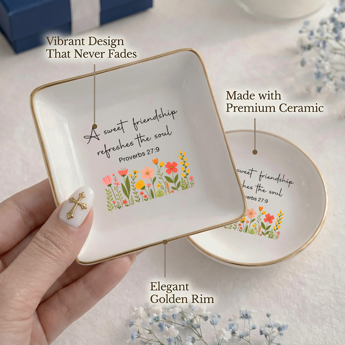 Christian Friendship Jewelry Dish – Proverbs 27:9 Scripture Ceramic Ring Tray, Faith Gift for Her