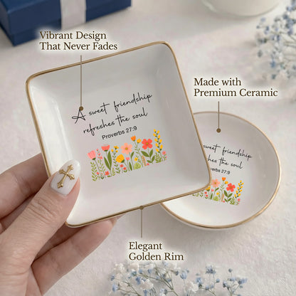 Christian Friendship Jewelry Dish – Proverbs 27:9 Scripture Ceramic Ring Tray, Faith Gift for Her