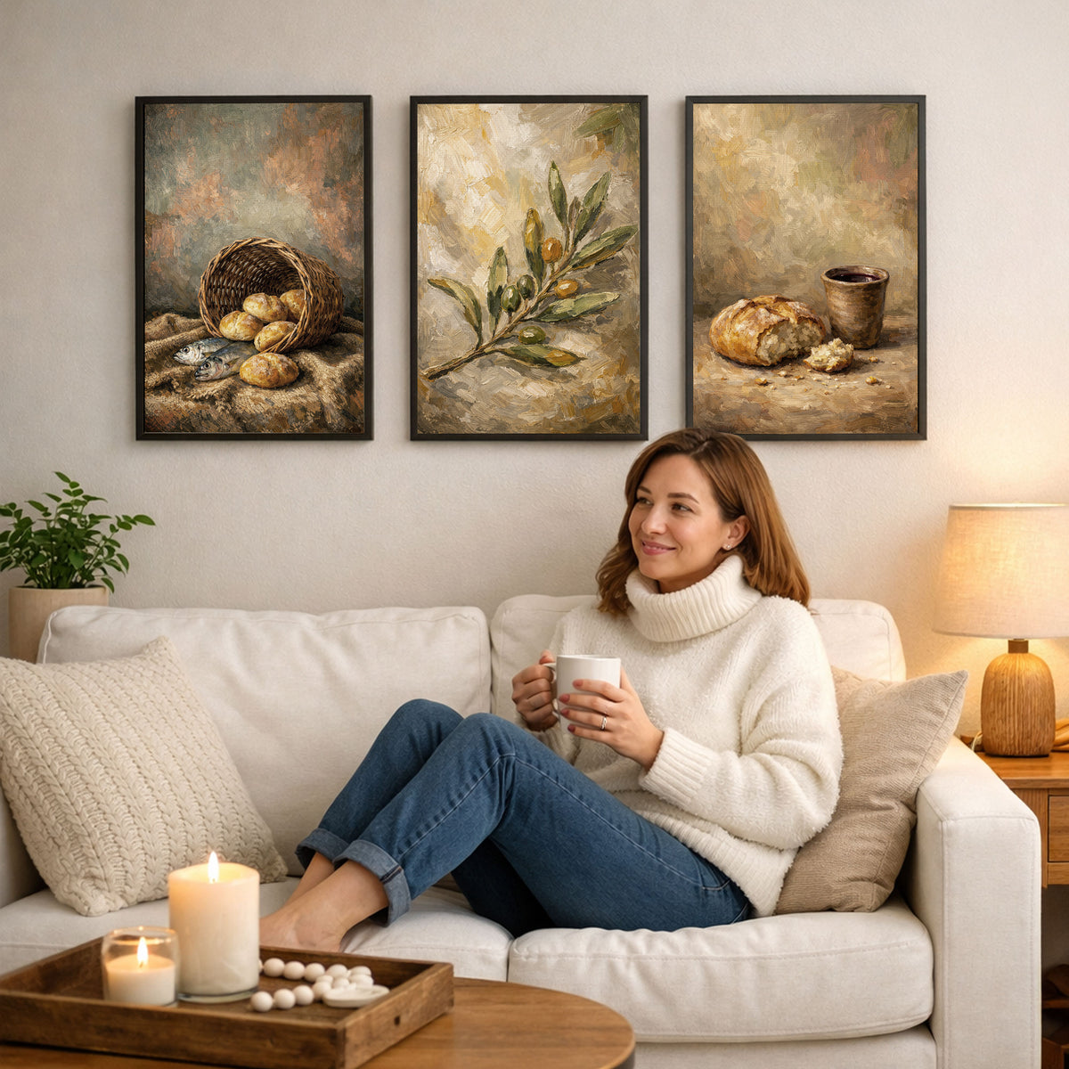 Biblical Bread and Fish Still Life Wall Art Set – Olive Branch Faith Collection - Poster/Canvas