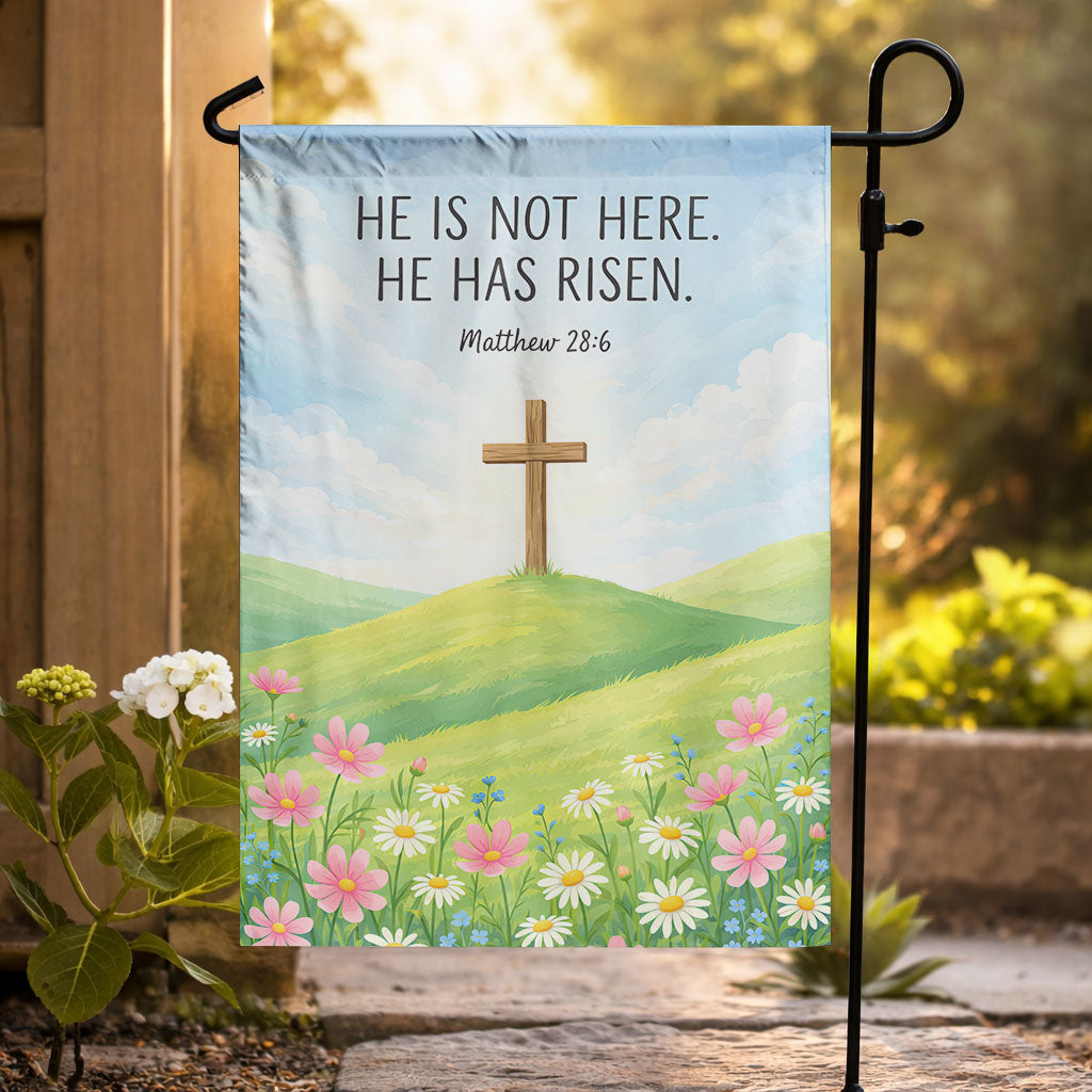 "He is Risen" Easter Cross Garden Flag – Matthew 28:6 Design