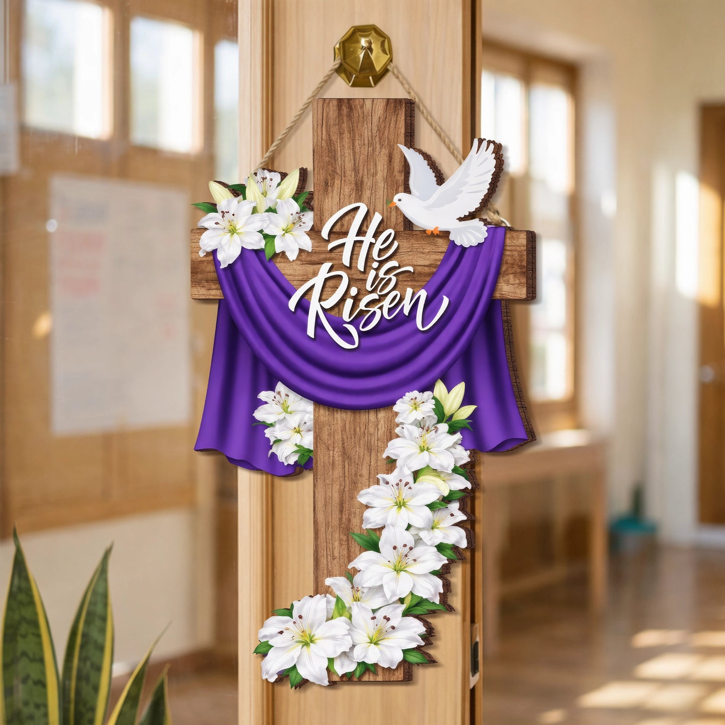 He Is Risen Wooden Cross Lily Door Hanger