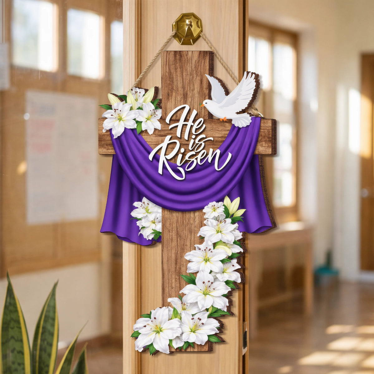 He Is Risen Wooden Cross Lily Door Hanger