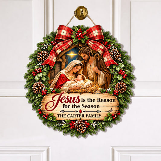 Personalized Jesus Is the Reason for the Season Christmas Wood Sign – Custom Family Name Nativity Hanging Decor