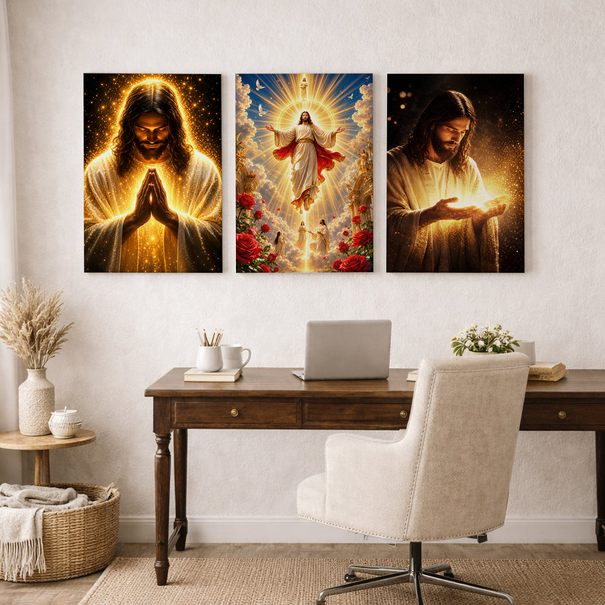 Divine Light of Jesus 3 Panel Wall Art Canvas/Poster – Glowing Jesus Christ Christian Home Decor