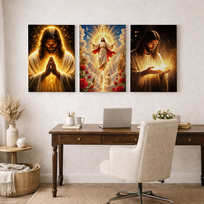 Divine Light of Jesus 3 Panel Wall Art Canvas/Poster – Glowing Jesus Christ Christian Home Decor