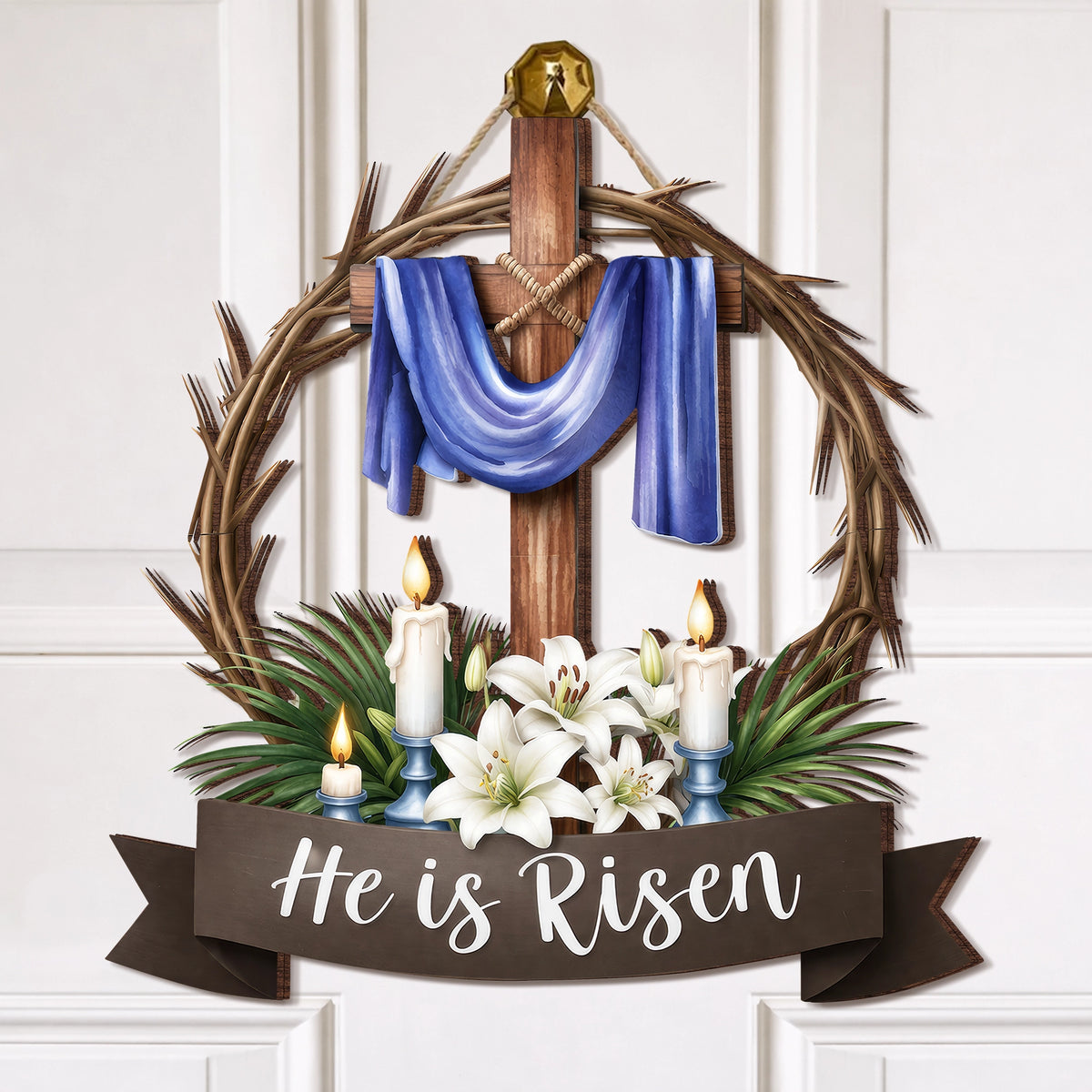 He Is Risen Crown of Thorns Cross Door Hanger